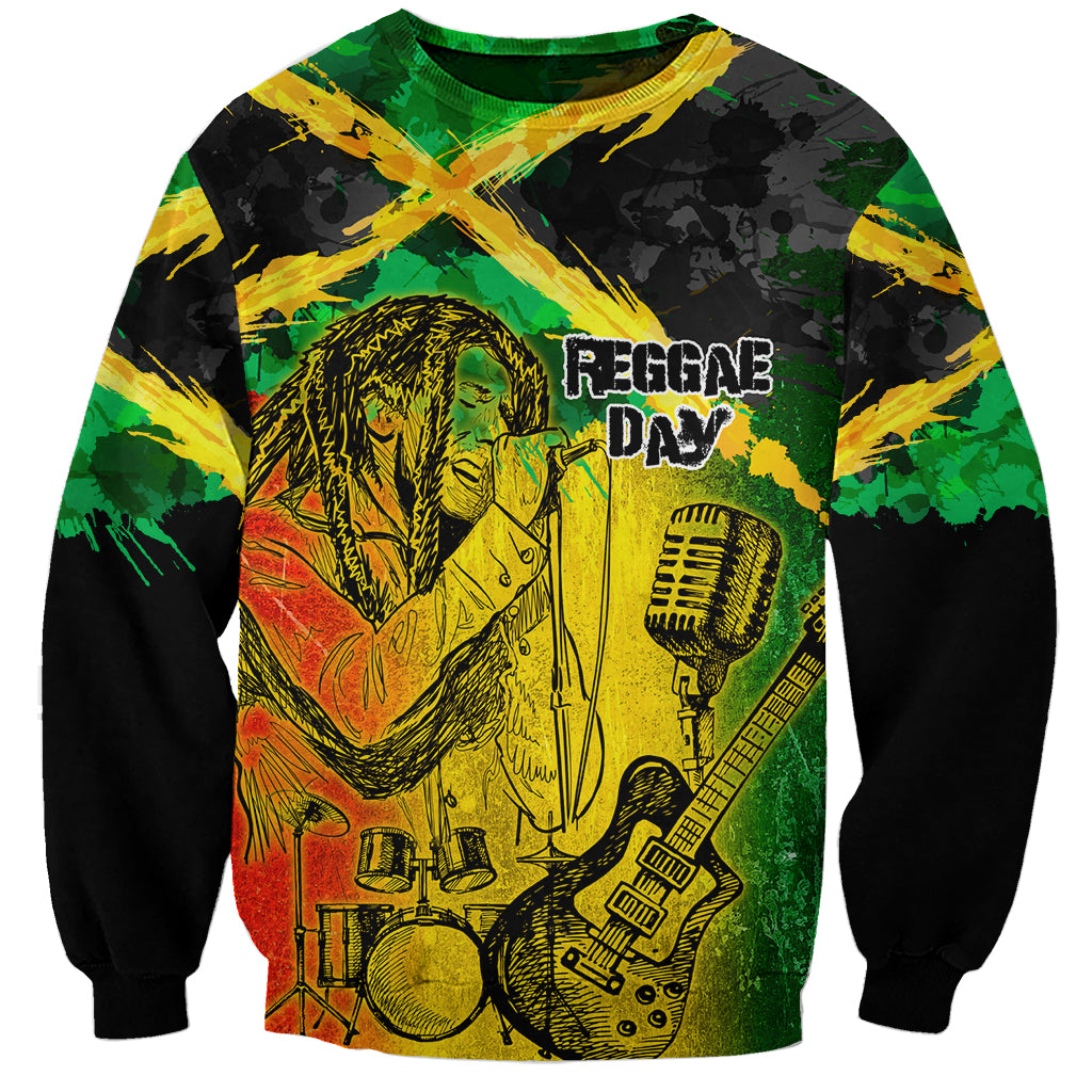 Unisex reggae grunge sweatshirt, black base with 'REGGAE DAY' text and musician mic print