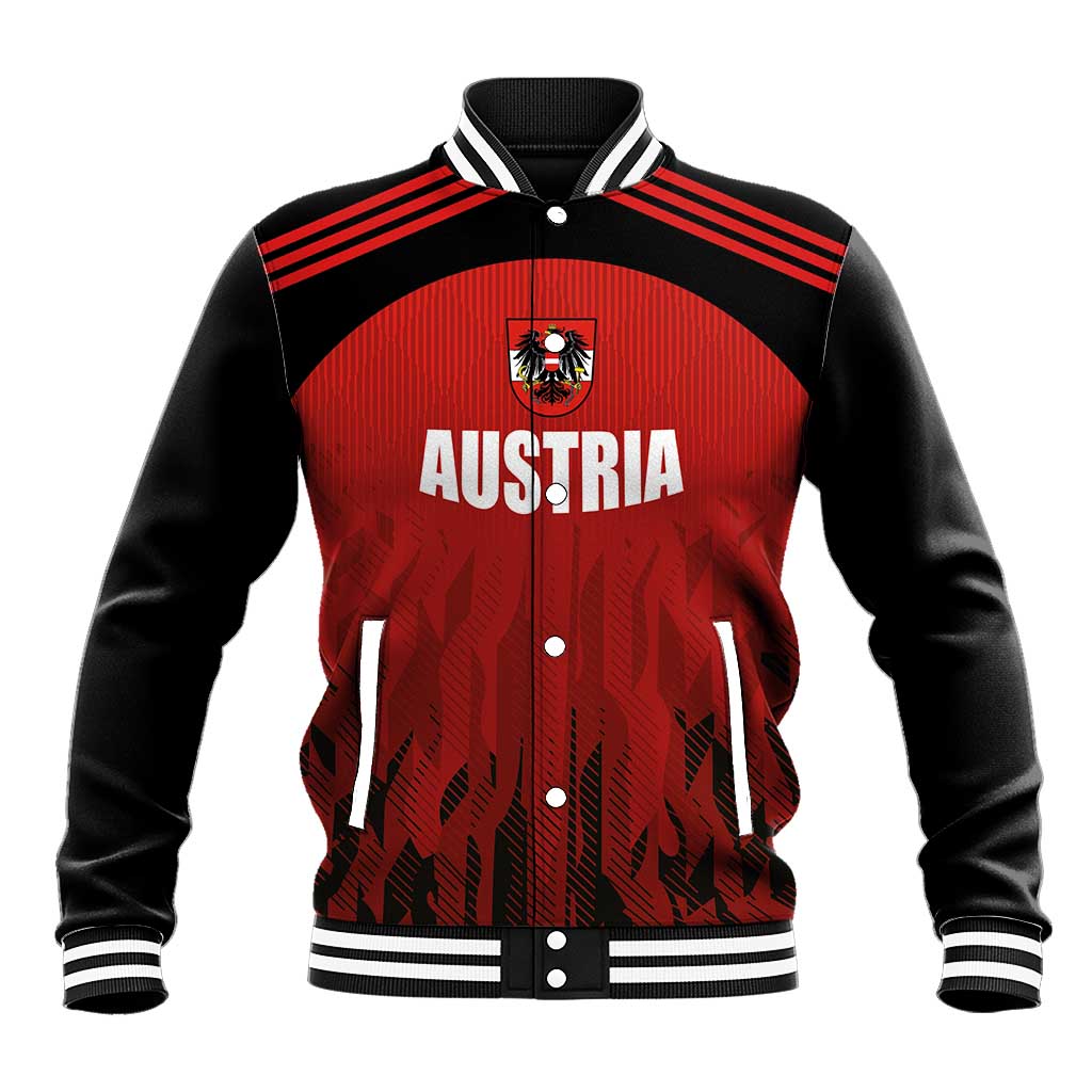 Austria crest red-and-black baseball jacket with striped ribbed collar and cuffs.
