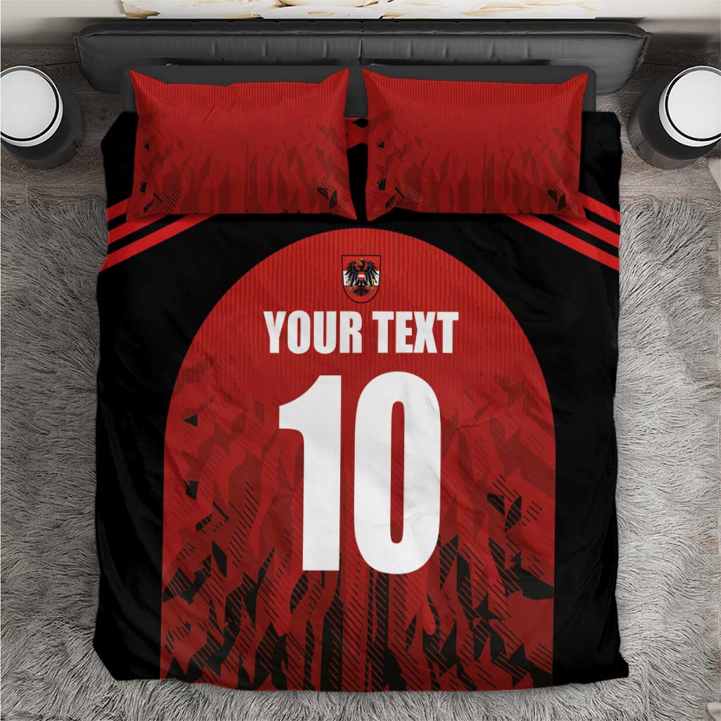 Red and black football bedding set with 'YOUR TEXT', number 10, and team crest on duvet