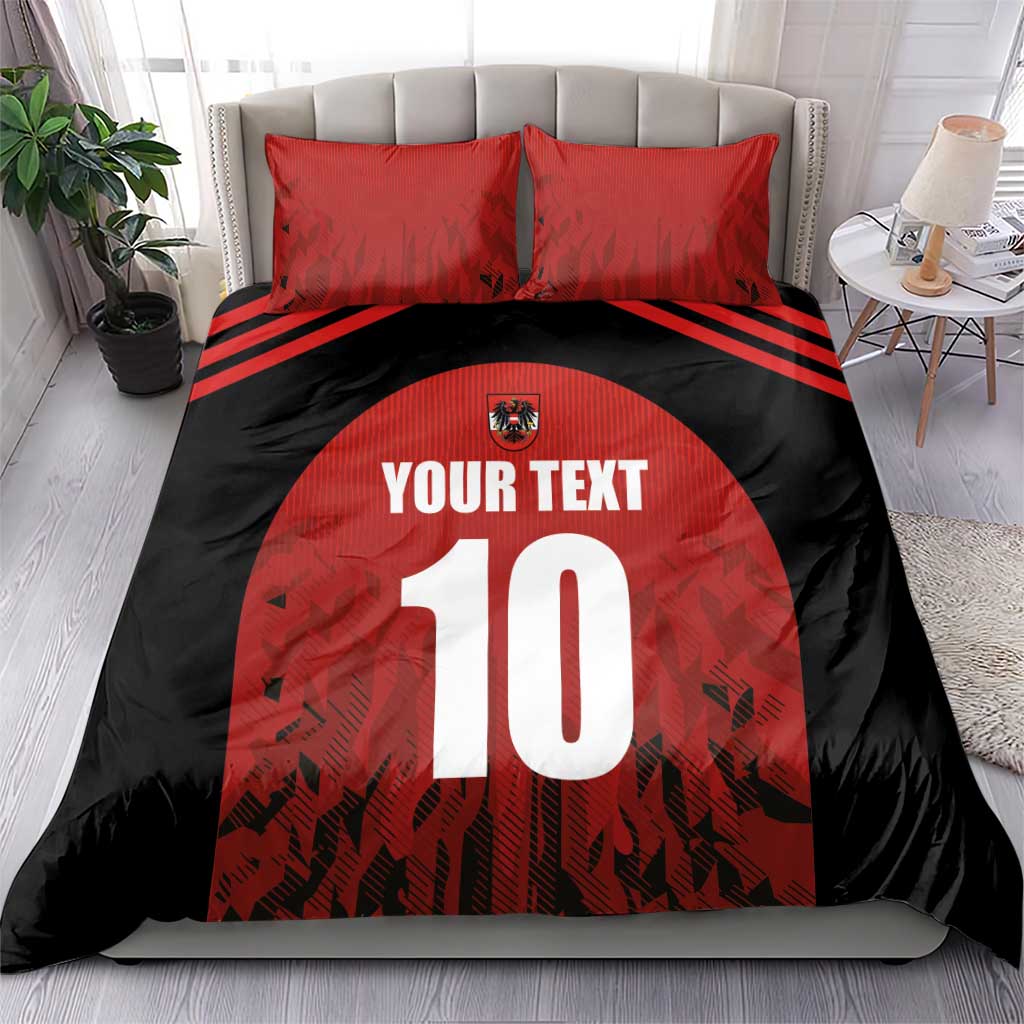 Duvet cover set with red circle graphic, 'YOUR TEXT' and large 10, with two red pillows
