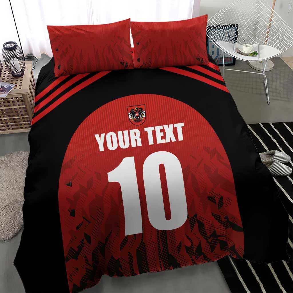 Red and black football duvet cover with 'YOUR TEXT', large 10, crest, and two pillows