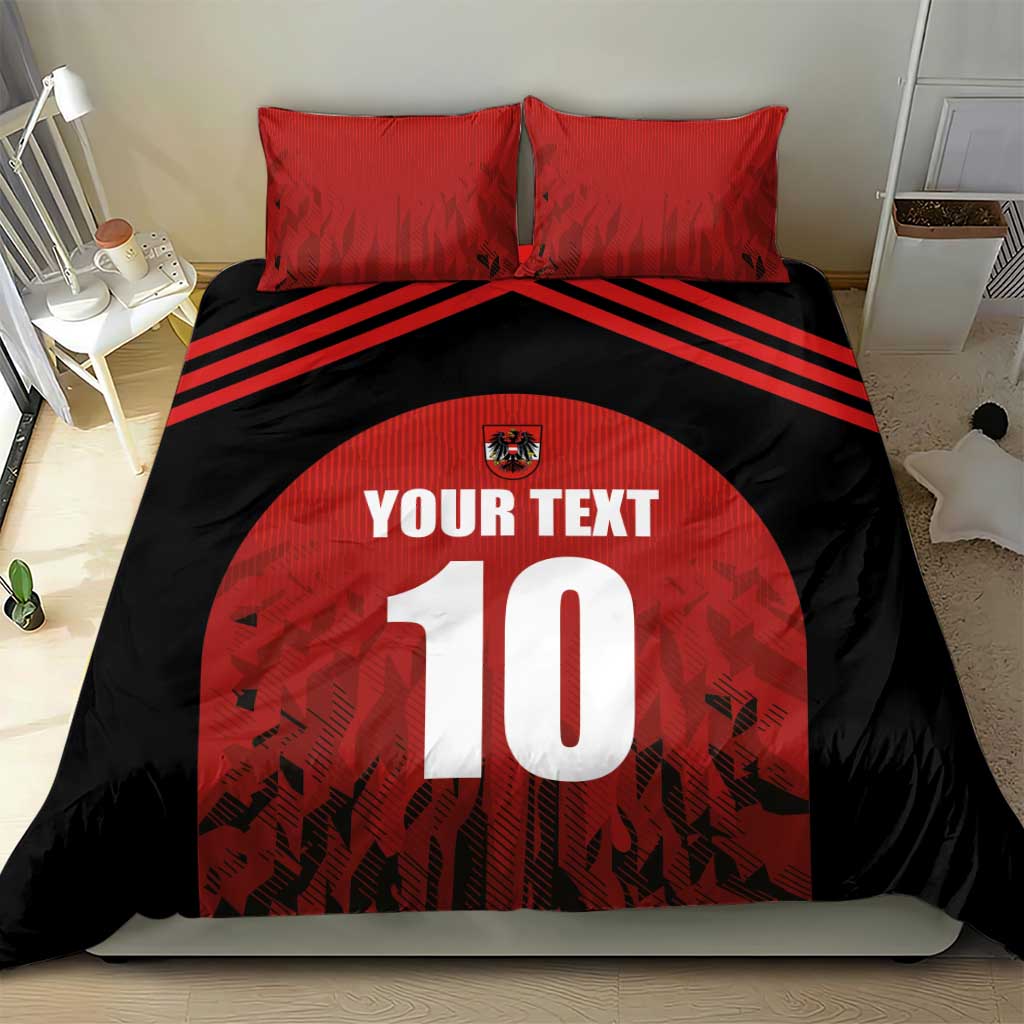 Red and black bedding set with 'YOUR TEXT' and number 10 on a circular jersey design