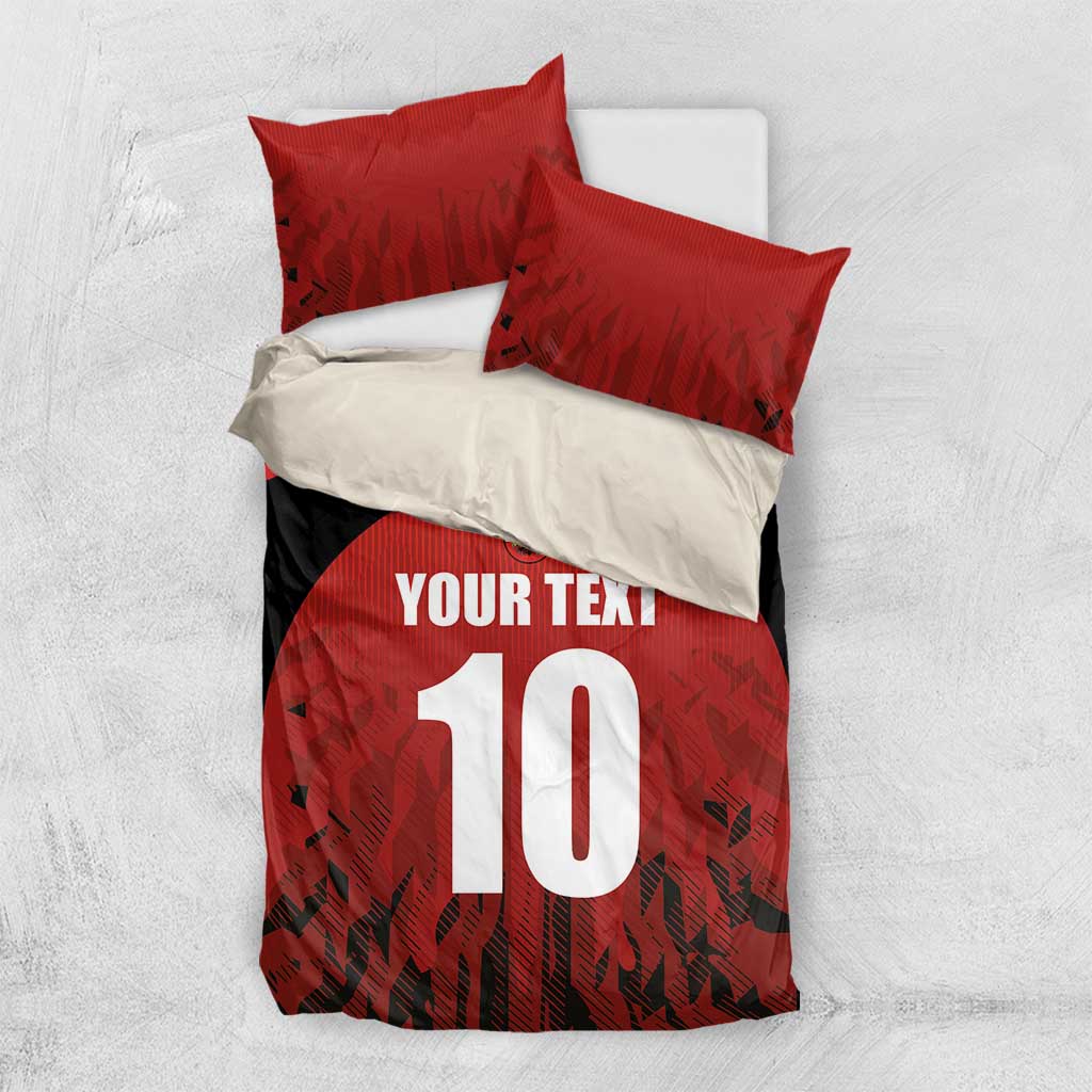 Red and black duvet cover set with 'YOUR TEXT' and number 10, with two matching red pillows