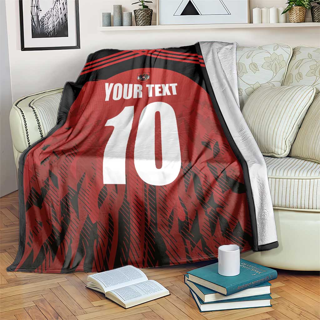Custom football throw blanket, red and black with large number 10 and 'YOUR TEXT'
