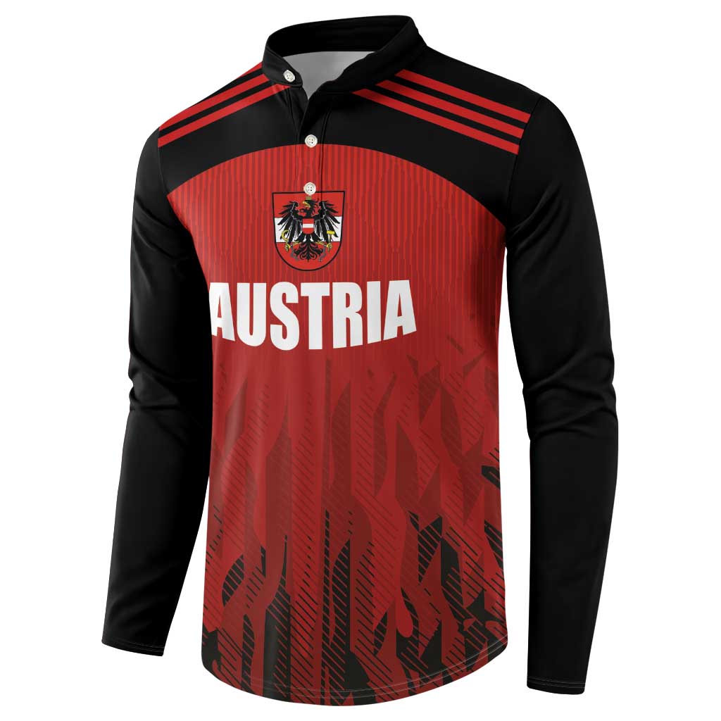 Red and black Austria football button sweatshirt, front view with white AUSTRIA text.