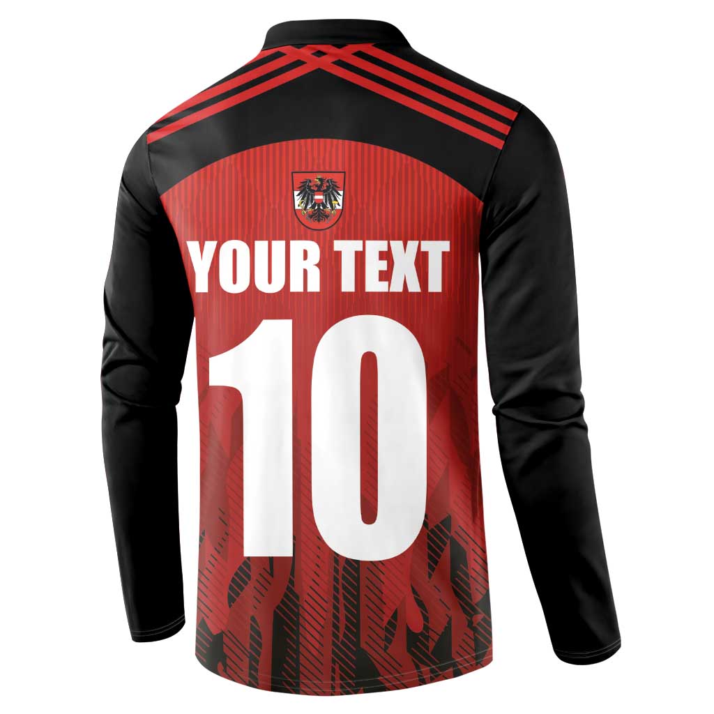Red and black football button sweatshirt, back shows YOUR TEXT and number 10.