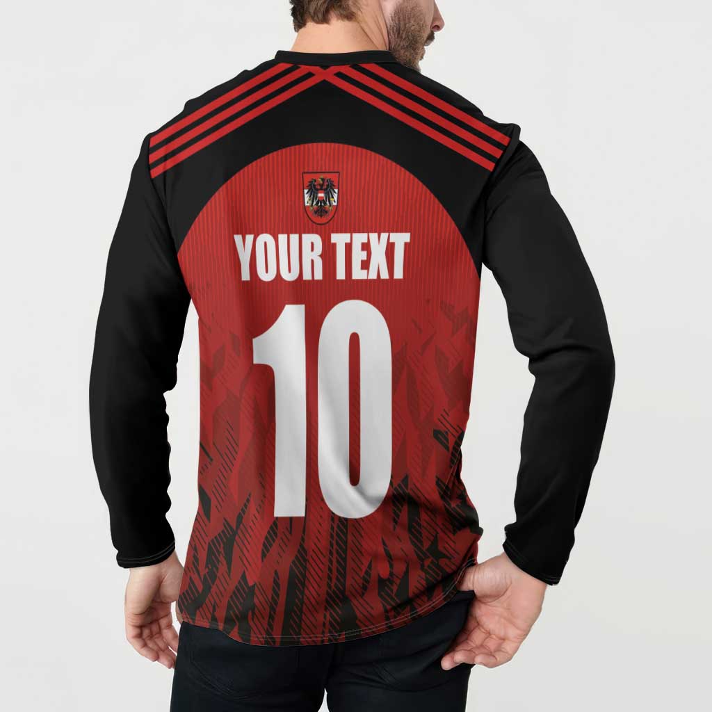 Red and black football button sweatshirt, back with crest and YOUR TEXT number 10.