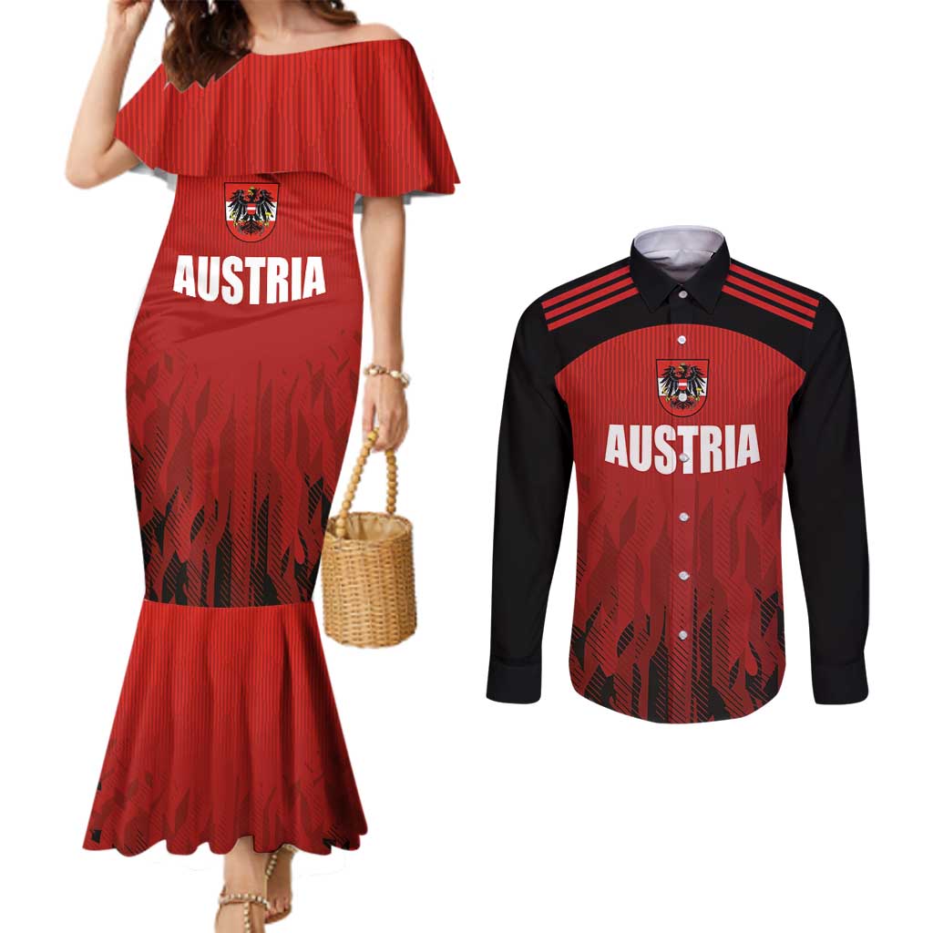 Custom Austria Football 2024 Go Champion Couples Matching Mermaid Dress and Long Sleeve Button Shirt Home Color