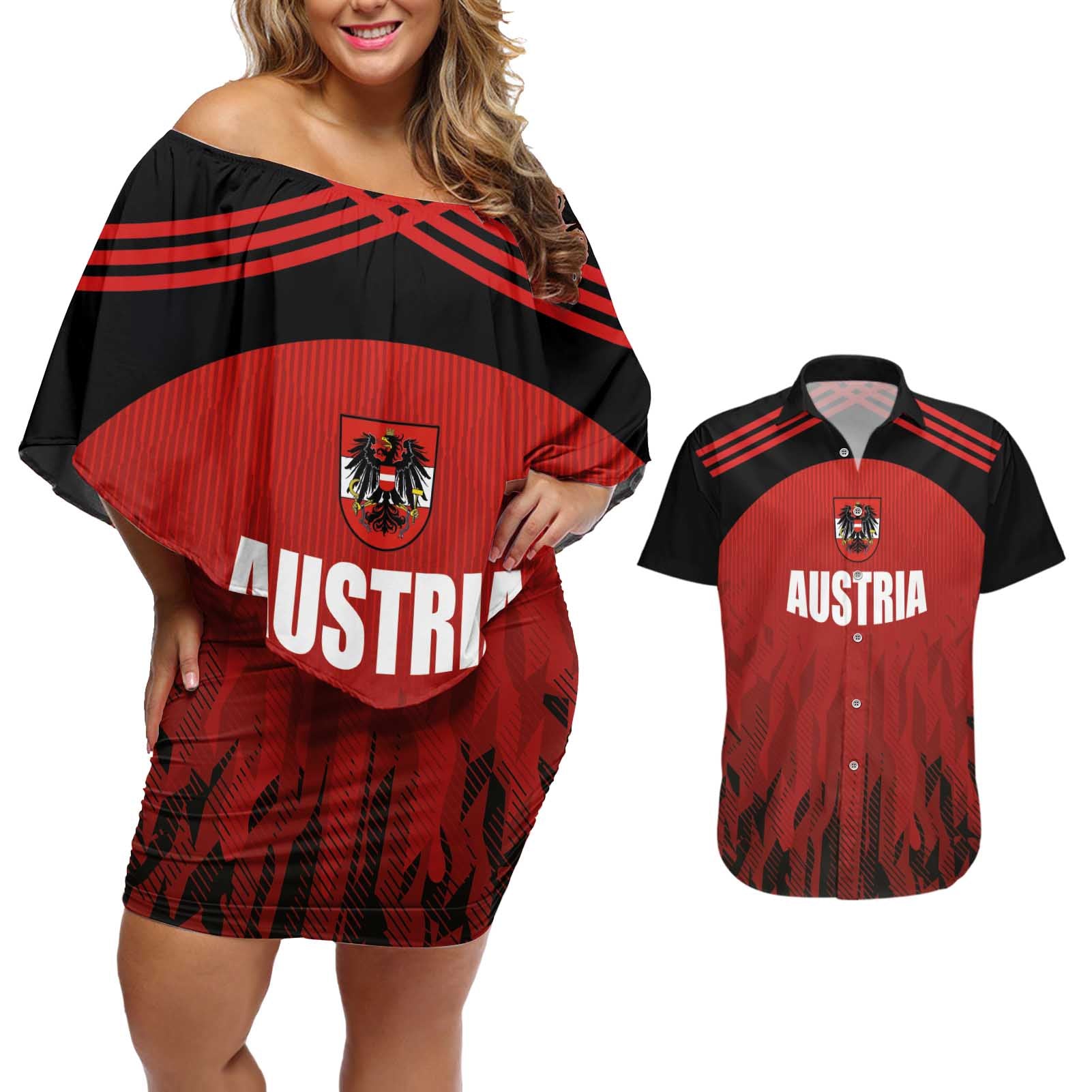 Custom Austria Football 2024 Go Champion Couples Matching Off Shoulder Short Dress and Hawaiian Shirt Home Color - Wonder Print Shop