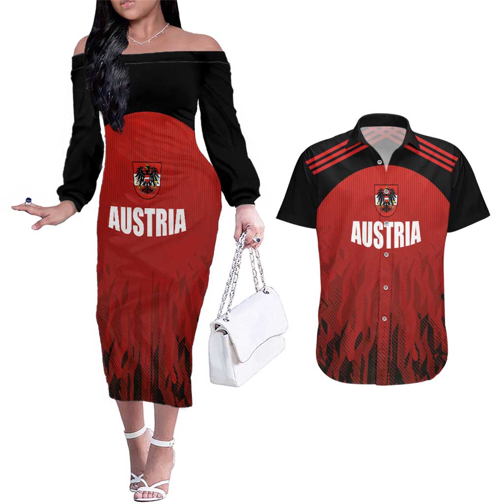 Custom Austria Football 2024 Go Champion Couples Matching Off The Shoulder Long Sleeve Dress and Hawaiian Shirt Home Color - Wonder Print Shop