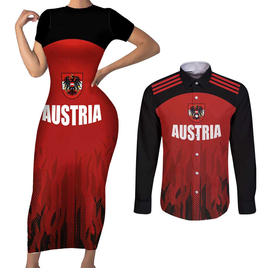 Custom Austria Football 2024 Go Champion Couples Matching Short Sleeve Bodycon Dress and Long Sleeve Button Shirt Home Color - Wonder Print Shop