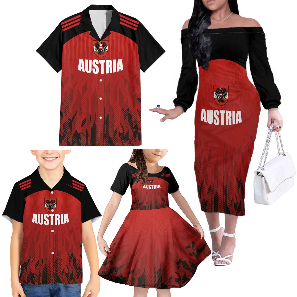 Custom Austria Football 2024 Go Champion Family Matching Off The Shoulder Long Sleeve Dress and Hawaiian Shirt Home Color - Wonder Print Shop