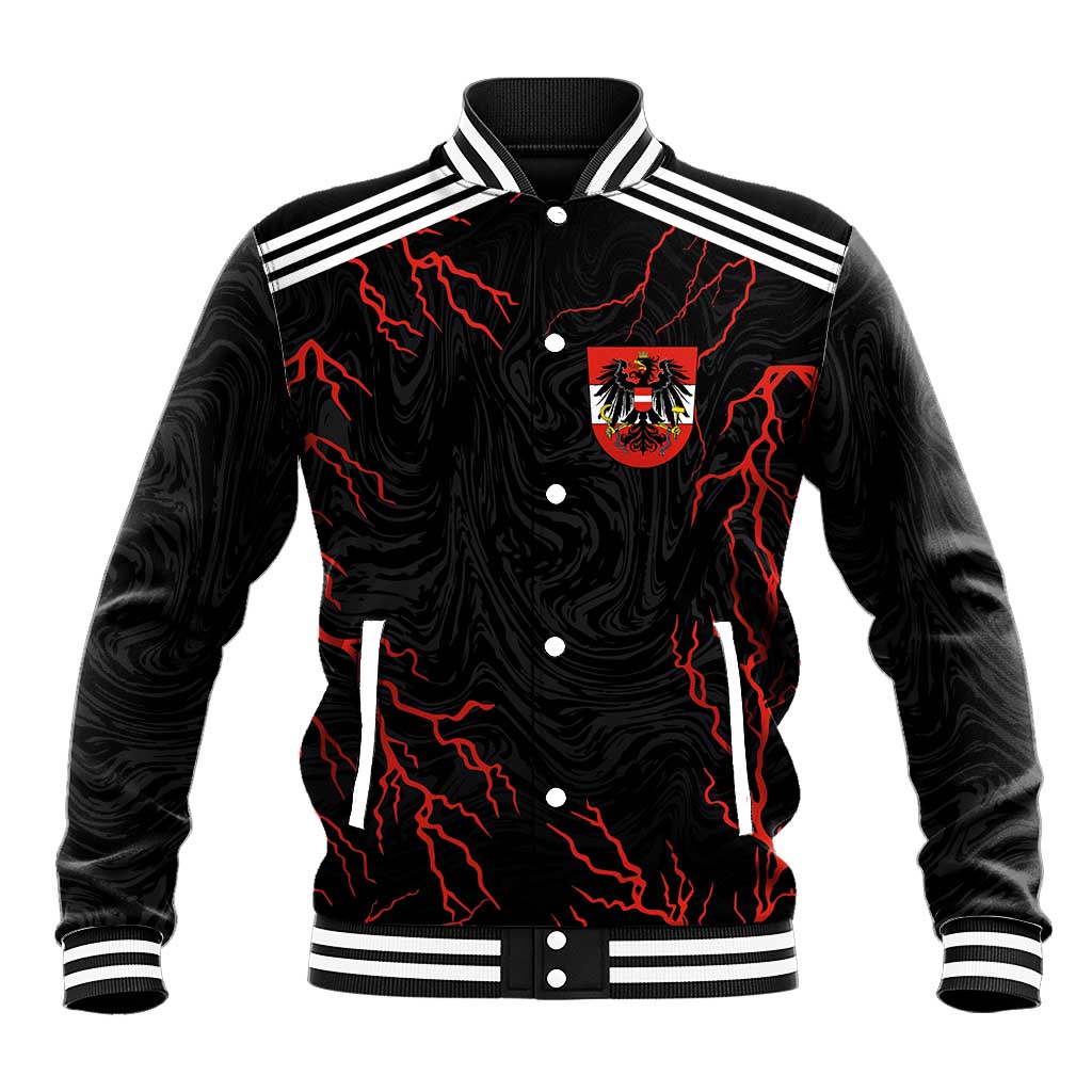 Black baseball jacket with red lightning graphics, crest, snap front, striped ribbed collar