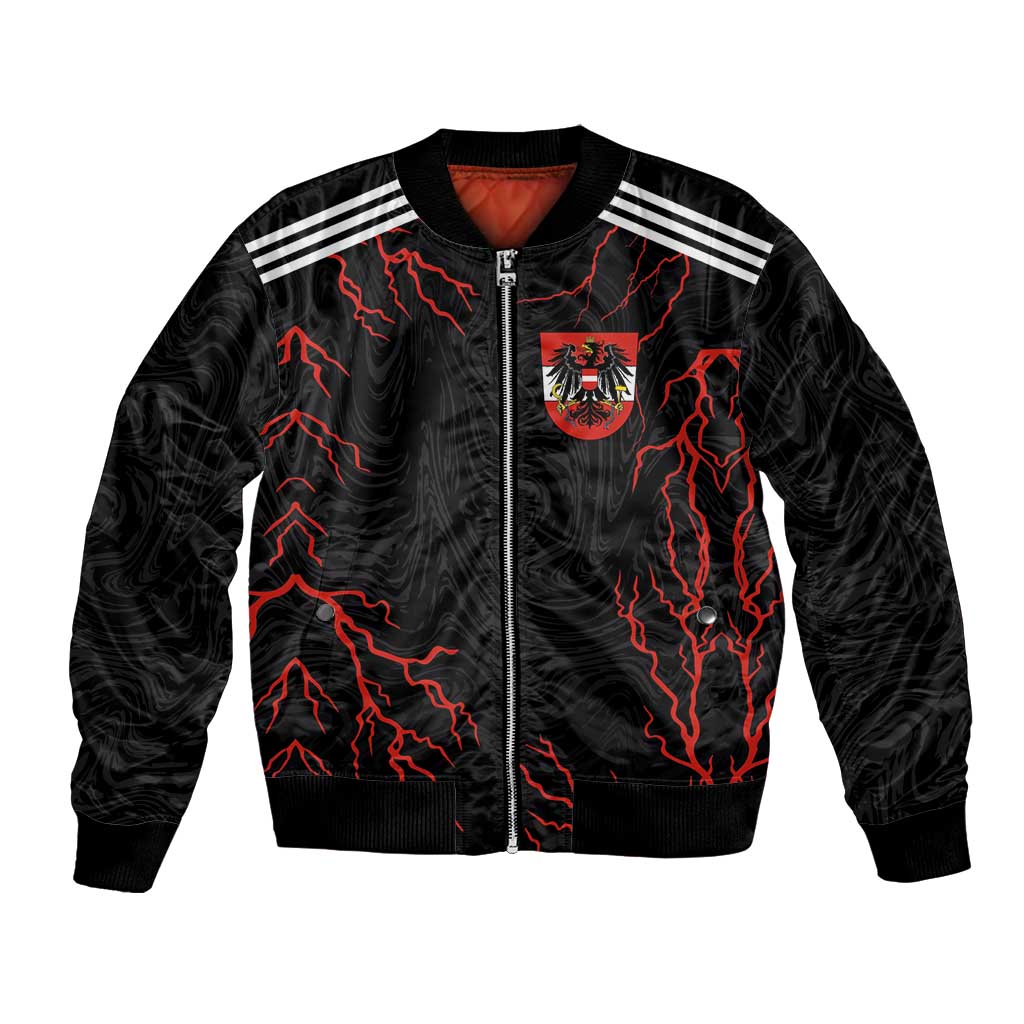 Black bomber jacket with red lightning graphics and Austria crest, zip front