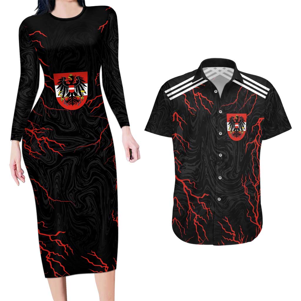 Custom Austria Football 2024 Go Champion Couples Matching Long Sleeve Bodycon Dress and Hawaiian Shirt Away Color - Wonder Print Shop