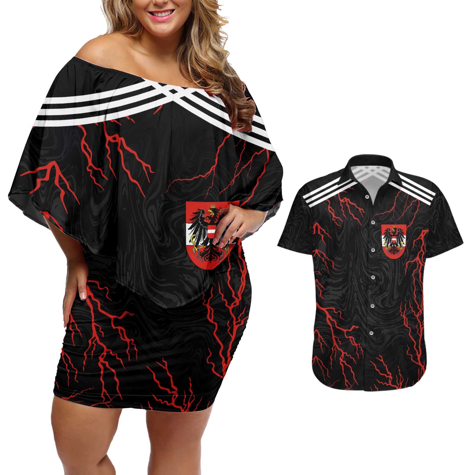 Custom Austria Football 2024 Go Champion Couples Matching Off Shoulder Short Dress and Hawaiian Shirt Away Color - Wonder Print Shop