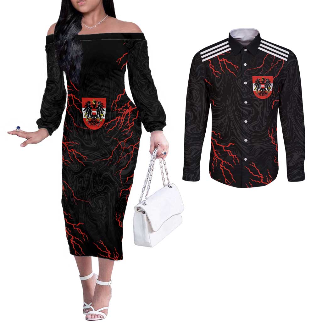 Custom Austria Football 2024 Go Champion Couples Matching Off The Shoulder Long Sleeve Dress and Long Sleeve Button Shirt Away Color