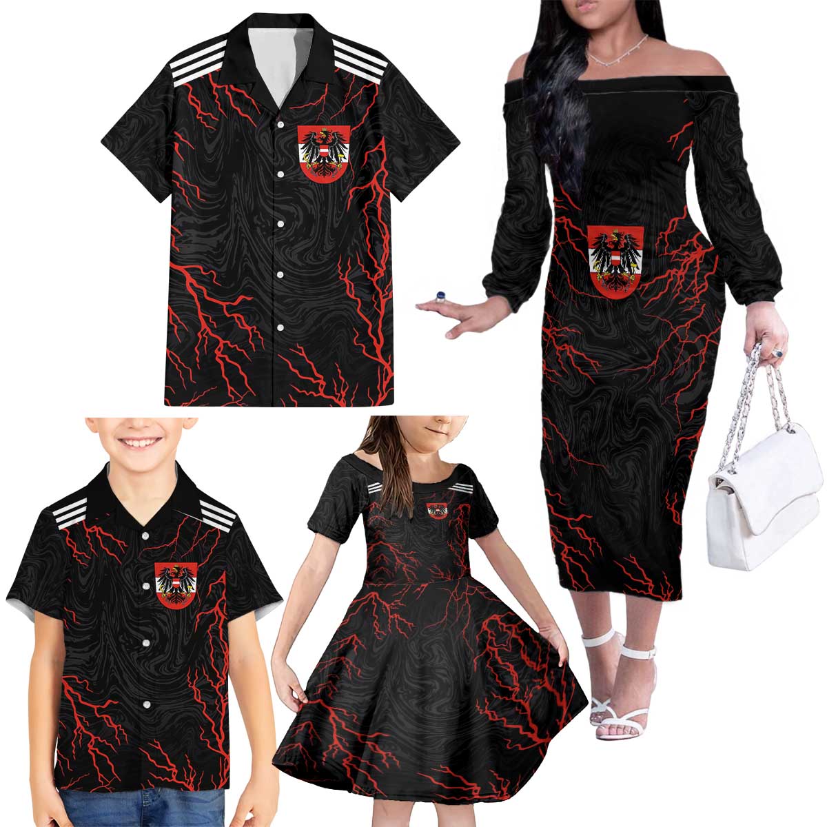 Custom Austria Football 2024 Go Champion Family Matching Off The Shoulder Long Sleeve Dress and Hawaiian Shirt Away Color - Wonder Print Shop