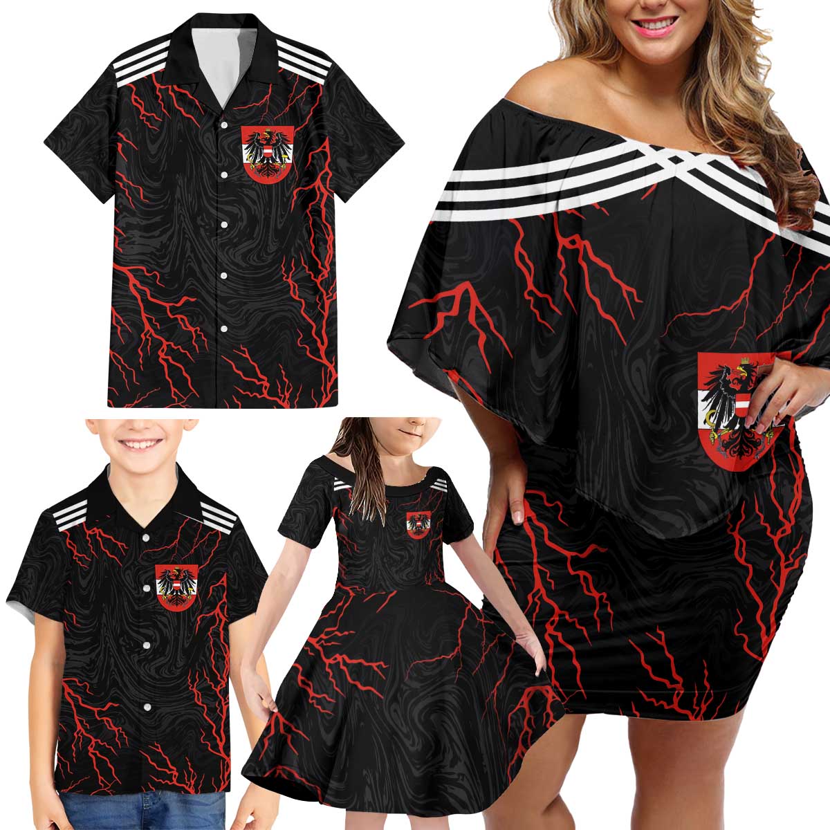 Custom Austria Football 2024 Go Champion Family Matching Off Shoulder Short Dress and Hawaiian Shirt Away Color - Wonder Print Shop