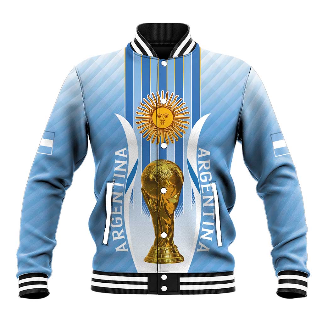 Light blue Argentina football baseball jacket with gold trophy crest and striped ribbed trim