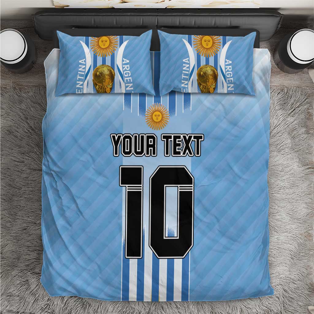 Blue football bedding set with striped comforter, two logo pillows, and large “10” graphic