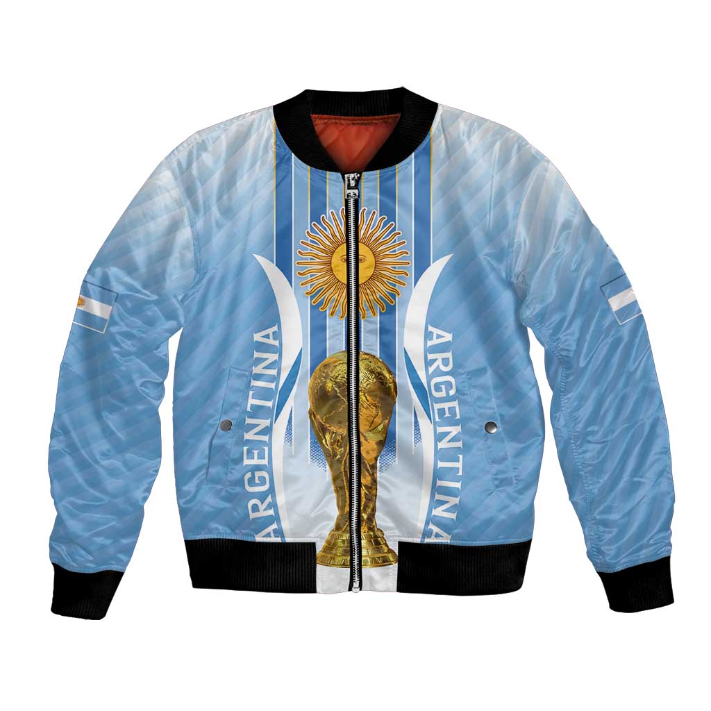 Light blue striped bomber jacket with zipper, black trim, Argentina text, and trophy graphic