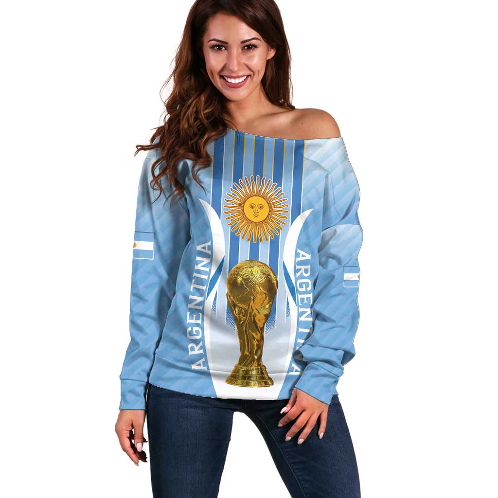 Custom Argentina Football Off Shoulder Sweater The Trophy Vamos La Albiceleste - Wonder Print Shop