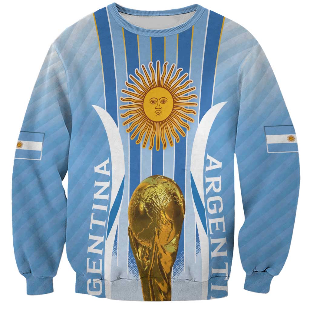 Blue Argentina-style football sweatshirt with vertical stripes, sun emblem, and gold trophy front