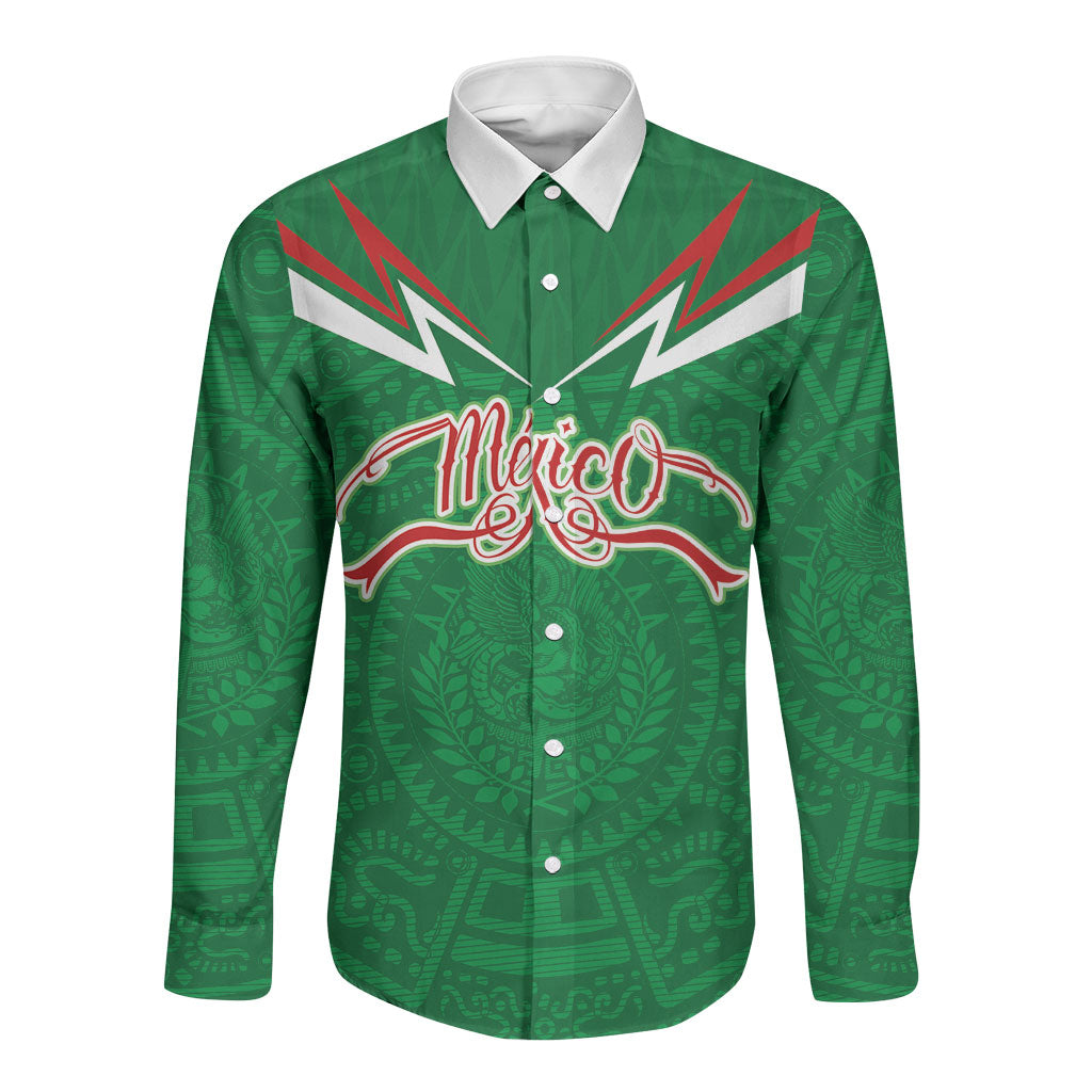 Custom Mexico Football Long Sleeve Button Shirt Remixed Mexico Aztec Pattern Tribal Style