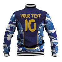 Blue baseball jacket with wave sleeves and back graphic 'YOUR TEXT' and number 10