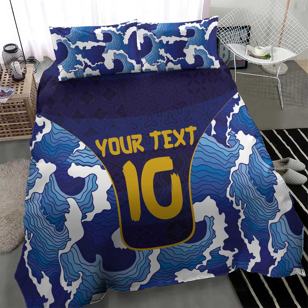 Blue duvet cover with wave pattern and yellow 'YOUR TEXT' graphic, plus two pillowcases