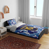 Blue duvet and pillow set with wave pattern and yellow custom text