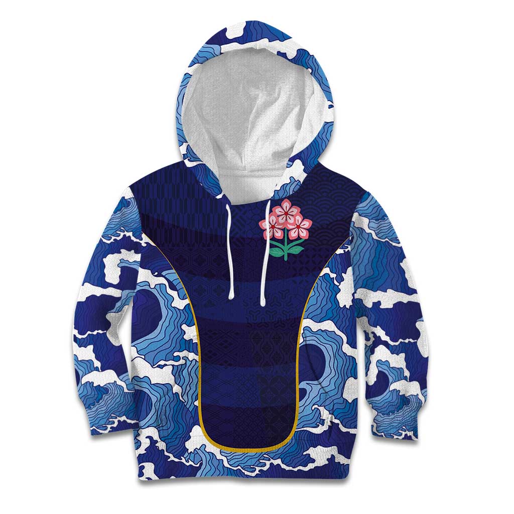 Custom Japan Pacific Rugby 2024 Kid Hoodie Japanese Traditional Pattern and Sea Waves - Wonder Print Shop