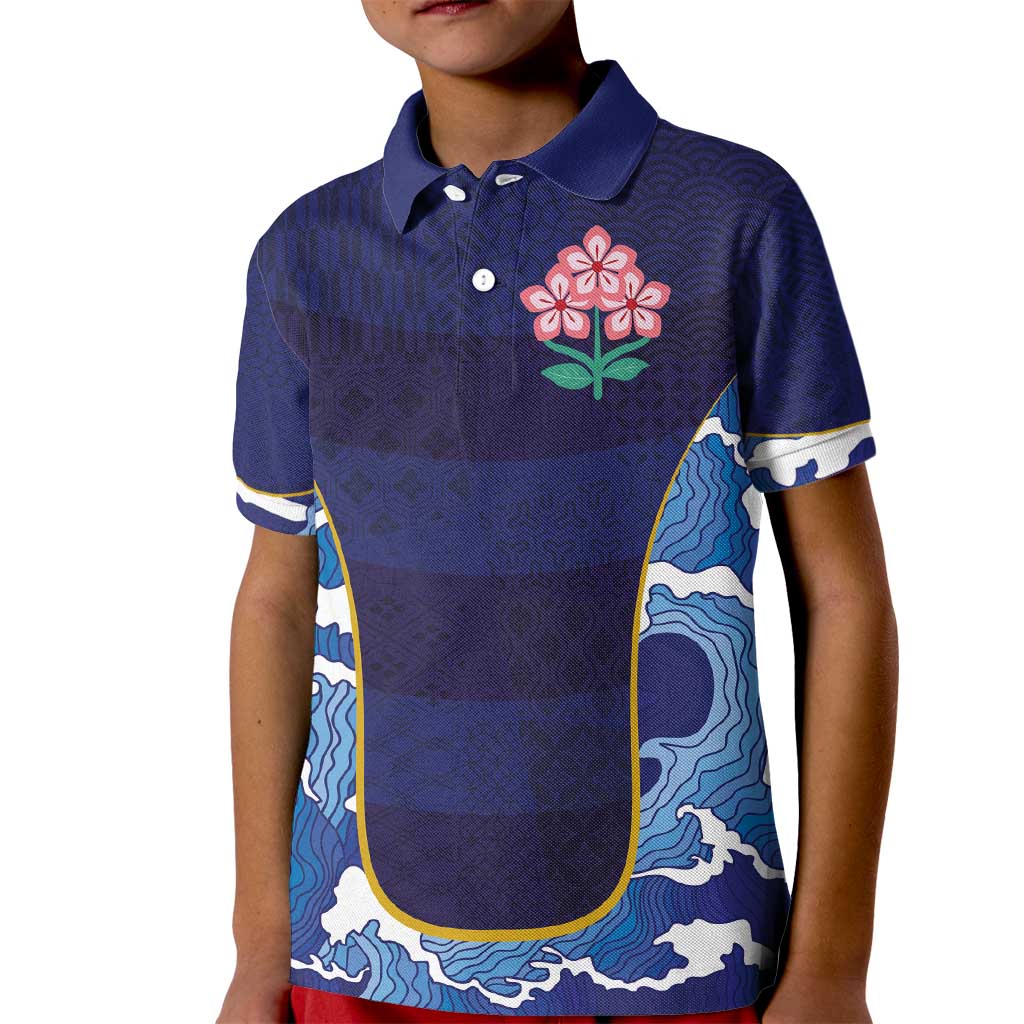 Custom Japan Pacific Rugby 2024 Kid Polo Shirt Japanese Traditional Pattern and Sea Waves - Wonder Print Shop