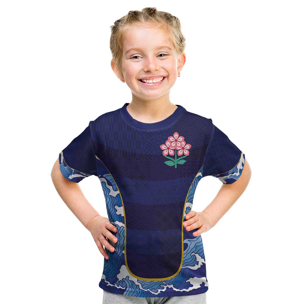 Custom Japan Pacific Rugby 2024 Kid T Shirt Japanese Traditional Pattern and Sea Waves - Wonder Print Shop