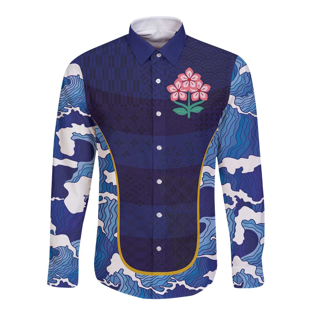 Custom Japan Pacific Rugby 2024 Long Sleeve Button Shirt Japanese Traditional Pattern and Sea Waves - Wonder Print Shop