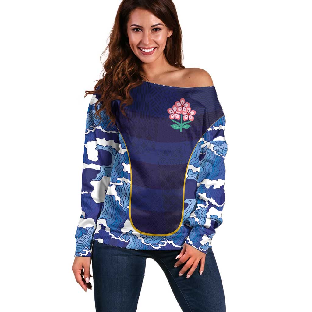 Custom Japan Pacific Rugby 2024 Off Shoulder Sweater Japanese Traditional Pattern and Sea Waves - Wonder Print Shop