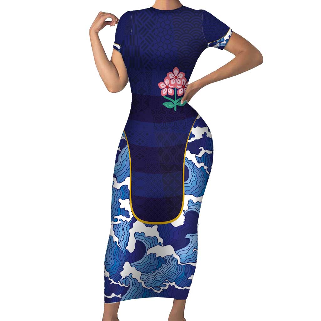 Custom Japan Pacific Rugby 2024 Short Sleeve Bodycon Dress Japanese Traditional Pattern and Sea Waves - Wonder Print Shop