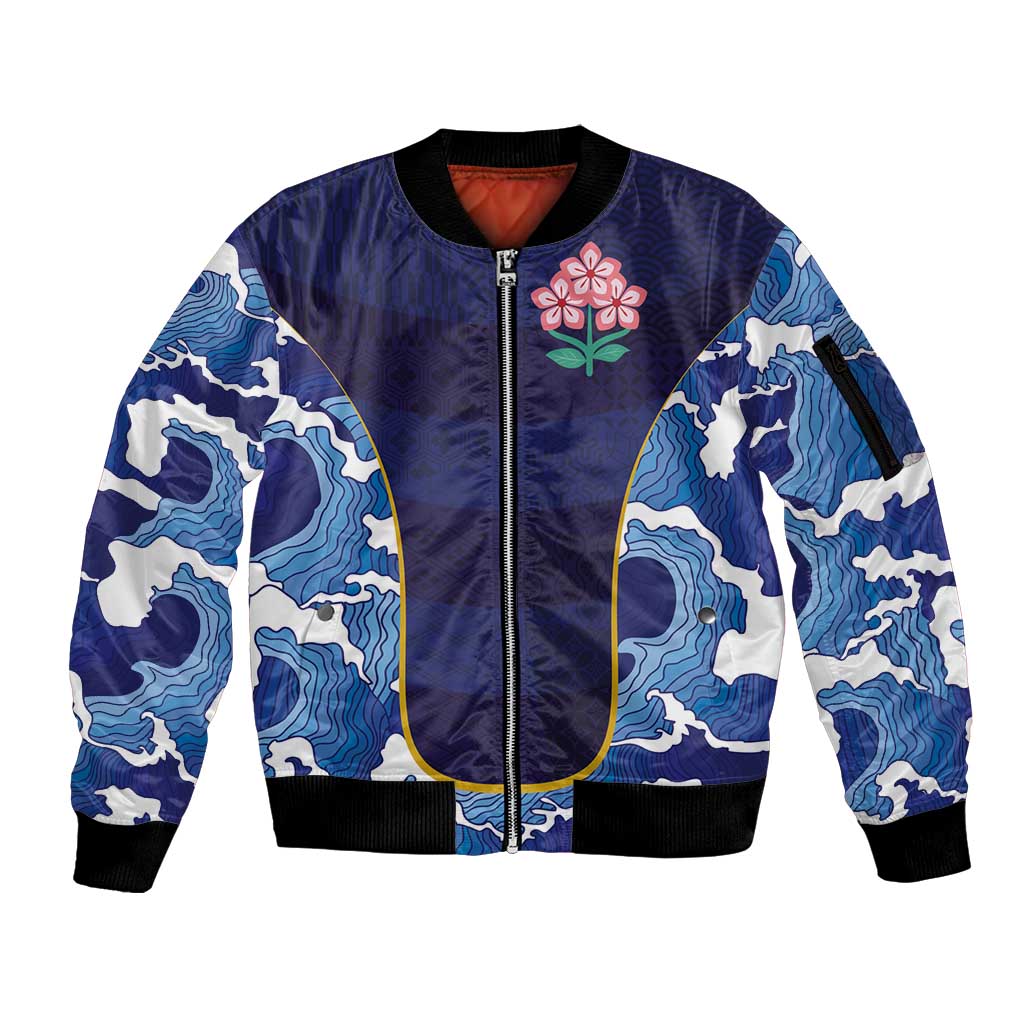 Custom Japan Pacific Rugby 2024 Sleeve Zip Bomber Jacket Japanese Traditional Pattern and Sea Waves - Wonder Print Shop