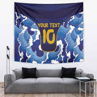Blue Japanese wave and crest pattern tapestry wall hanging with gold U letter emblem