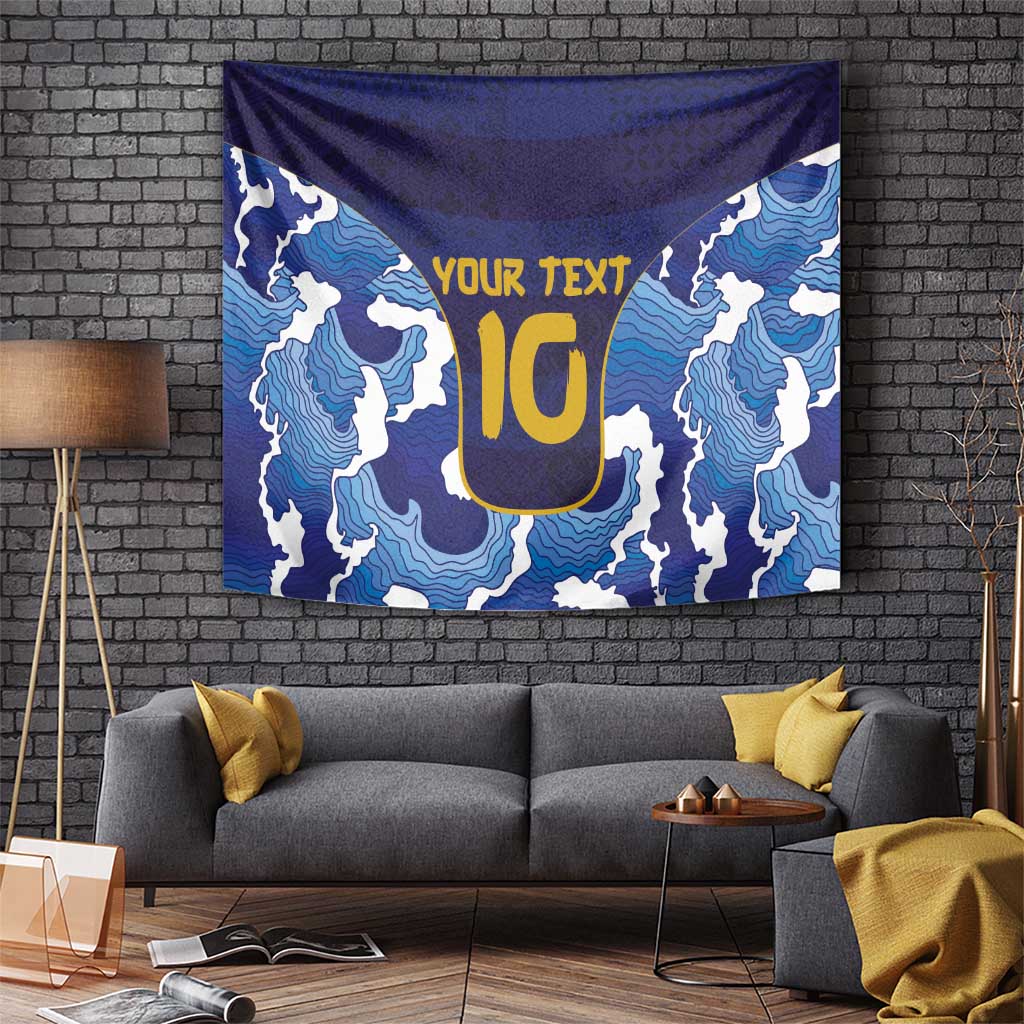 Blue Japanese traditional wave tapestry wall hanging with gold U emblem and dark border