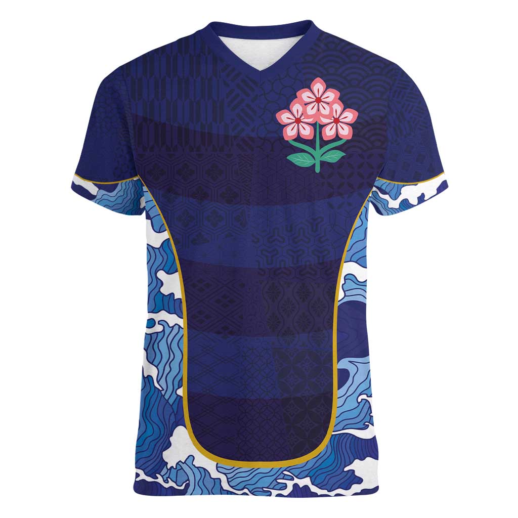 Custom Japan Pacific Rugby 2024 Women V-Neck T-Shirt Japanese Traditional Pattern and Sea Waves - Wonder Print Shop