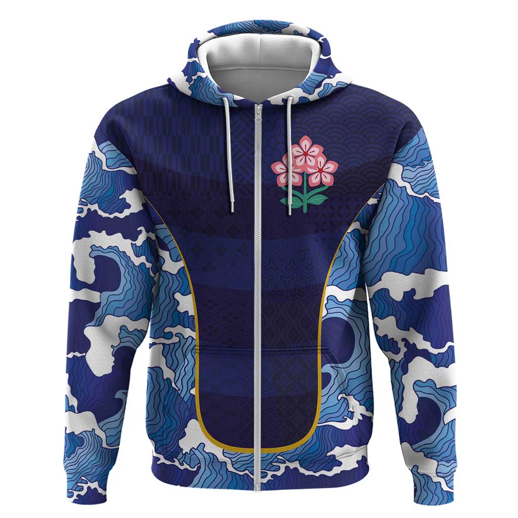 Custom Japan Pacific Rugby 2024 Zip Hoodie Japanese Traditional Pattern and Sea Waves - Wonder Print Shop