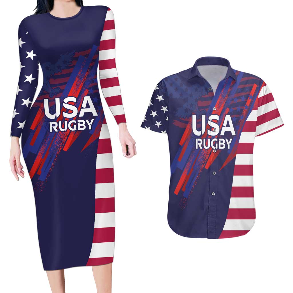 Custom United States Pacific Rugby 2024 Couples Matching Long Sleeve Bodycon Dress and Hawaiian Shirt The Eagle and USA Flag Style - Wonder Print Shop