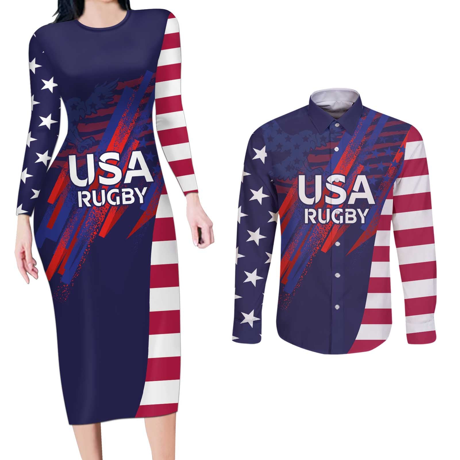 Custom United States Pacific Rugby 2024 Couples Matching Long Sleeve Bodycon Dress and Long Sleeve Button Shirt The Eagle and USA Flag Style - Wonder Print Shop