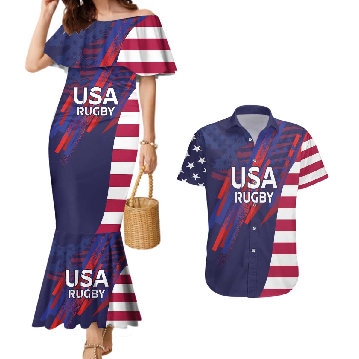 Custom United States Pacific Rugby 2024 Couples Matching Mermaid Dress and Hawaiian Shirt The Eagle and USA Flag Style - Wonder Print Shop