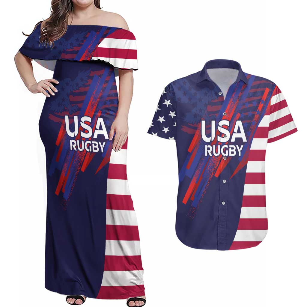 Custom United States Pacific Rugby 2024 Couples Matching Off Shoulder Maxi Dress and Hawaiian Shirt The Eagle and USA Flag Style - Wonder Print Shop