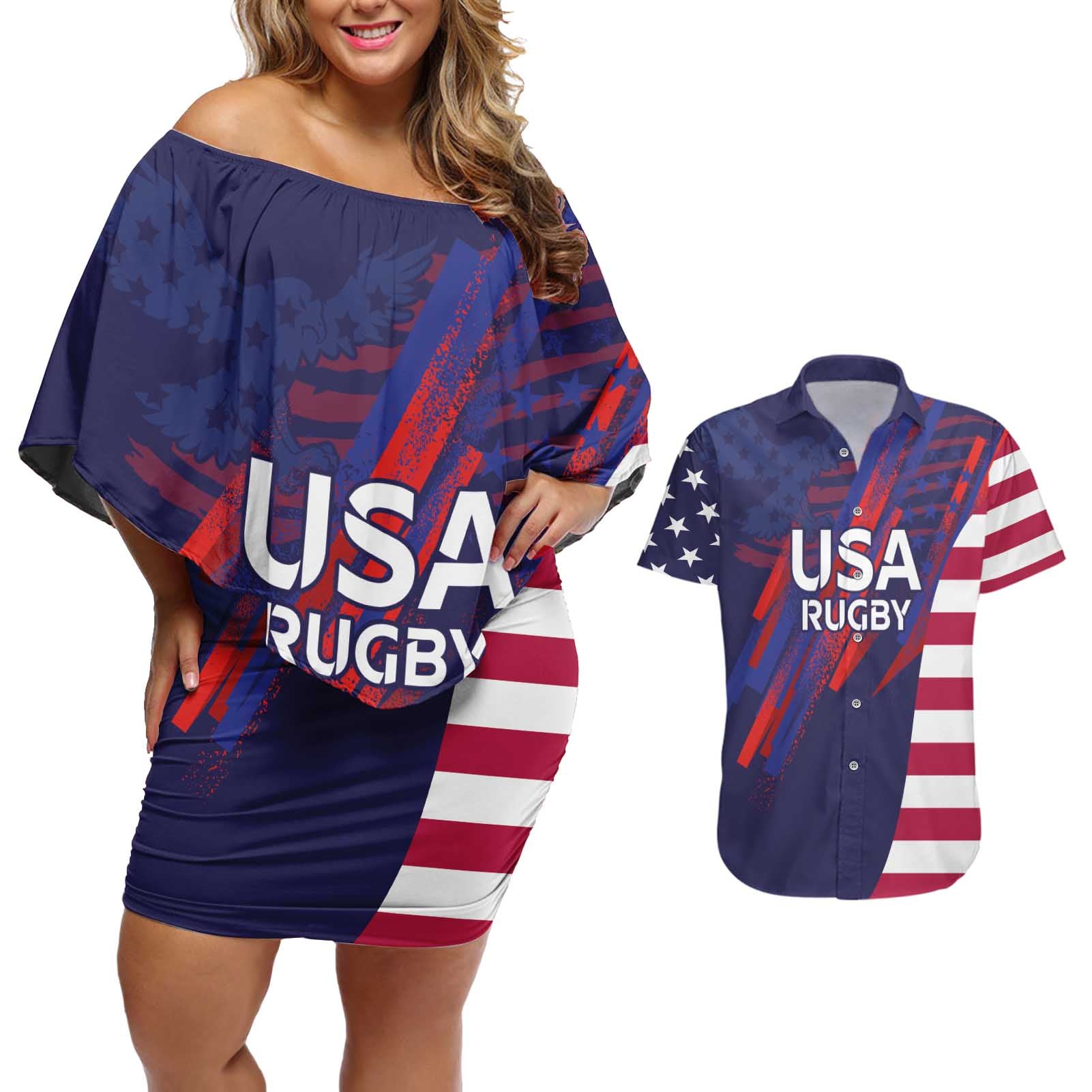 Custom United States Pacific Rugby 2024 Couples Matching Off Shoulder Short Dress and Hawaiian Shirt The Eagle and USA Flag Style - Wonder Print Shop