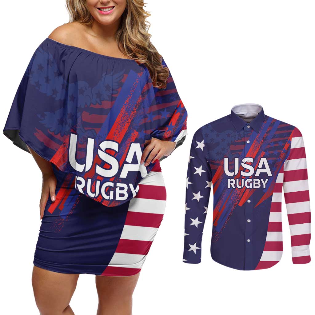 Custom United States Pacific Rugby 2024 Couples Matching Off Shoulder Short Dress and Long Sleeve Button Shirt The Eagle and USA Flag Style - Wonder Print Shop