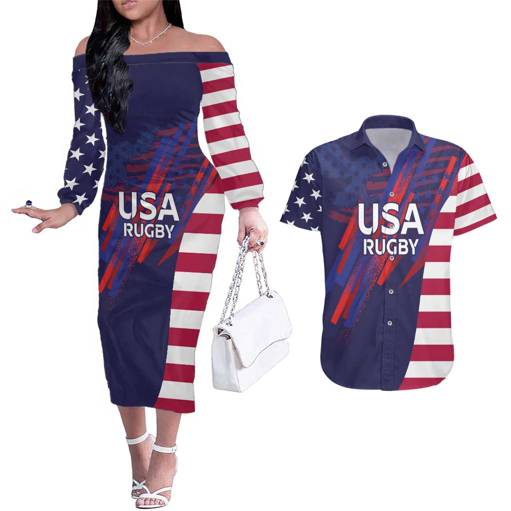 Custom United States Pacific Rugby 2024 Couples Matching Off The Shoulder Long Sleeve Dress and Hawaiian Shirt The Eagle and USA Flag Style - Wonder Print Shop